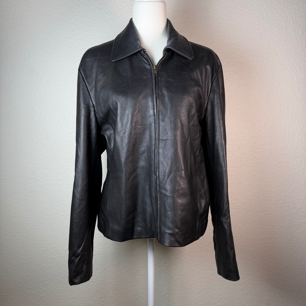 90s Y2K  Black Genuine Leather Jacket Large Vintage  Minimalist Grunge  Moto